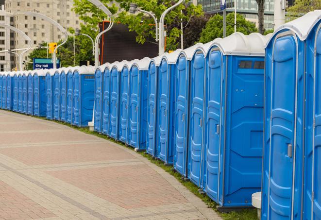 colorful portable restrooms available for rent at a local fair or carnival in Beverly Hills, CA